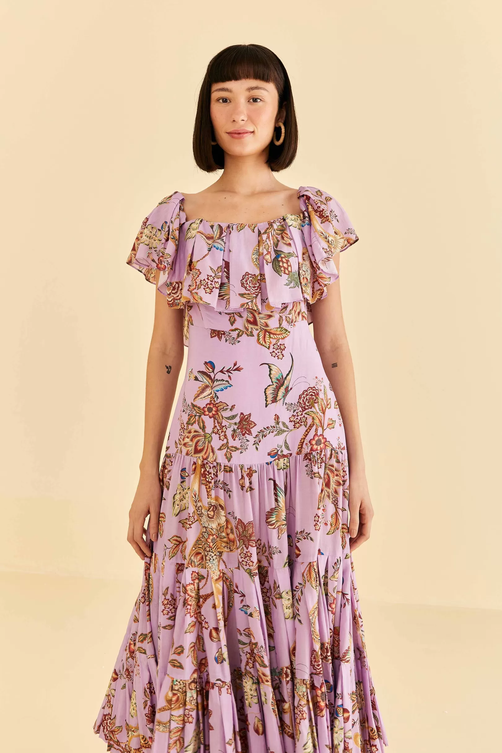 FARM Rio  LILAC FLORAL MONKEY SHORT SLEEVE MAXI DRESS Best Sale