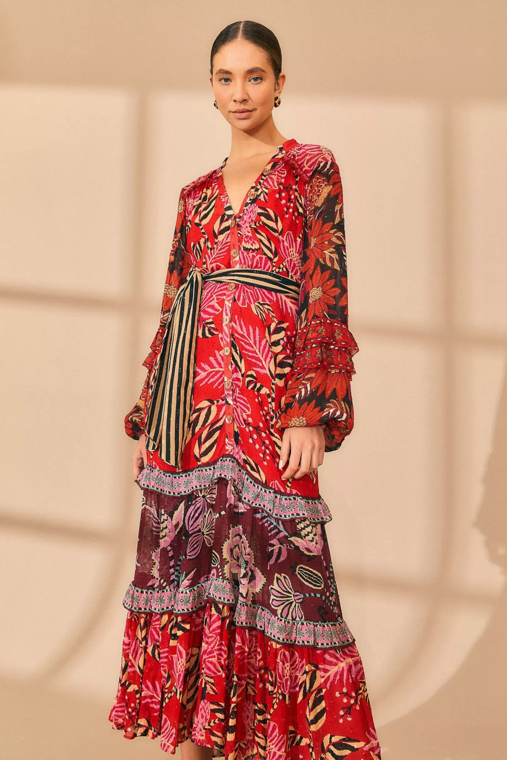 FARM Rio  MIXED FLORAL PRINTS LONG SLEEVE MAXI DRESS Sale