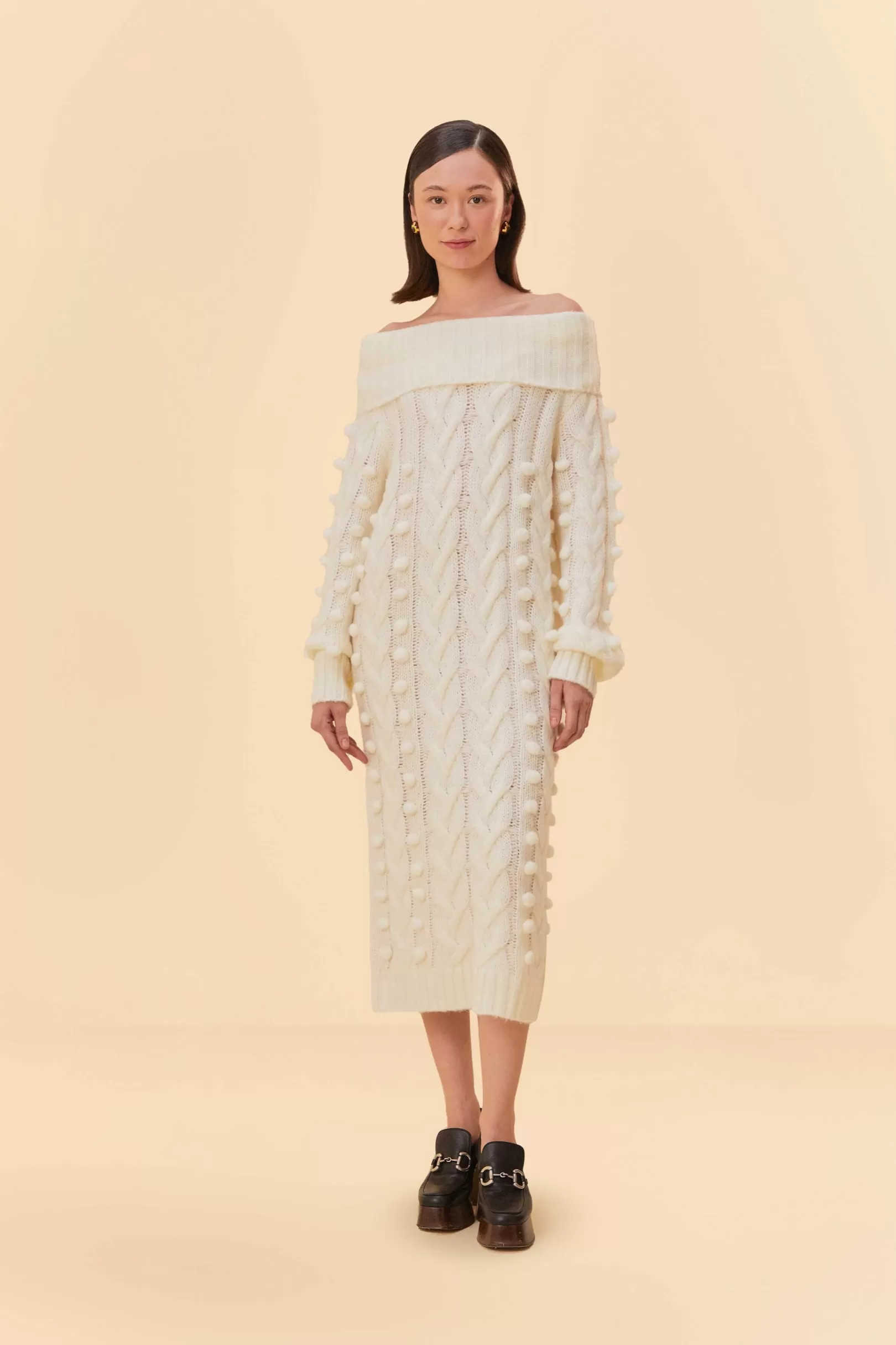 FARM Rio  OFF-WHITE BRAIDED MIDI SWEATER DRESS Sale