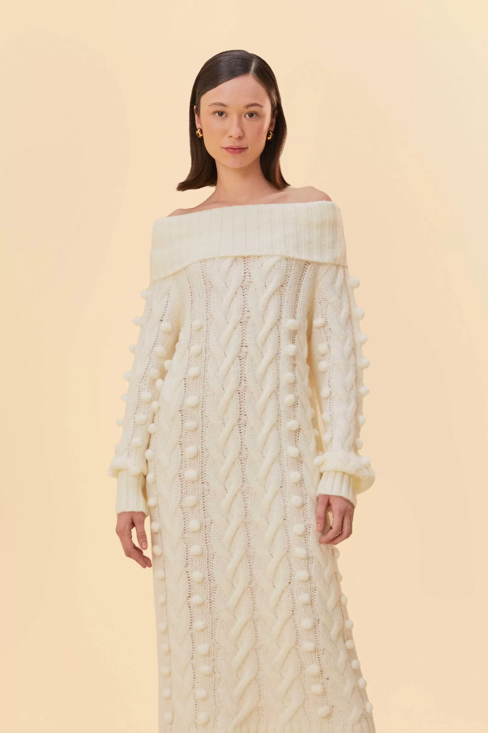 FARM Rio  OFF-WHITE BRAIDED MIDI SWEATER DRESS Sale