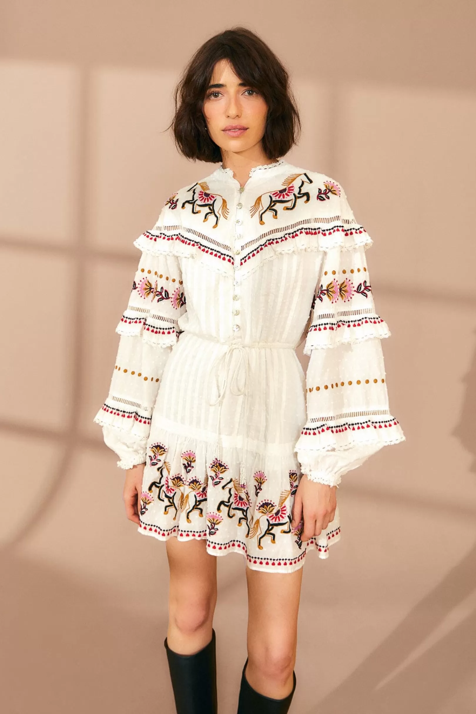 FARM Rio  OFF-WHITE EMBROIDERED HORSES RUFFLE MINI DRESS Best