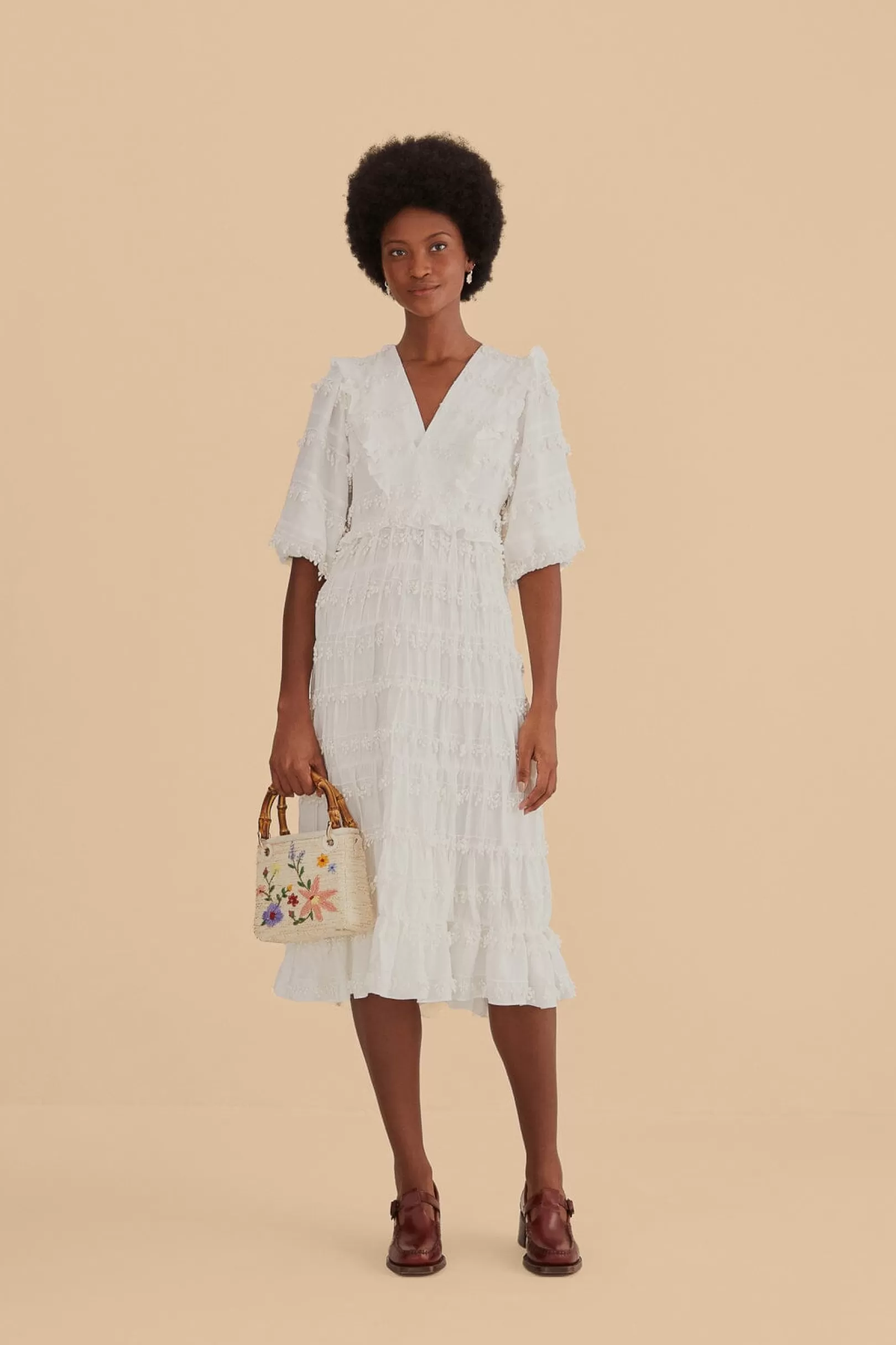 FARM Rio  OFF-WHITE RUFFLE TASSELS MIDI DRESS Store