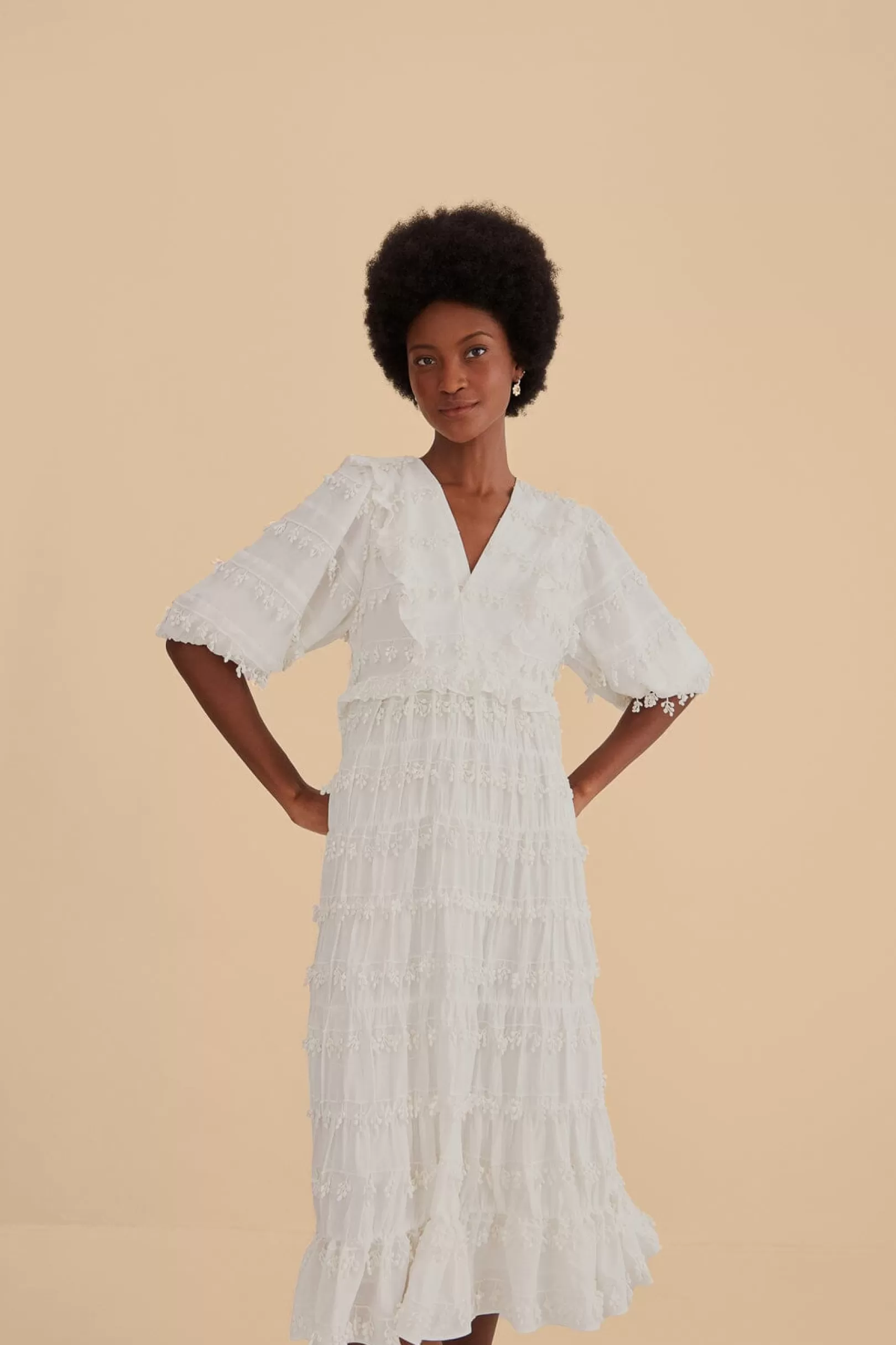 FARM Rio  OFF-WHITE RUFFLE TASSELS MIDI DRESS Store