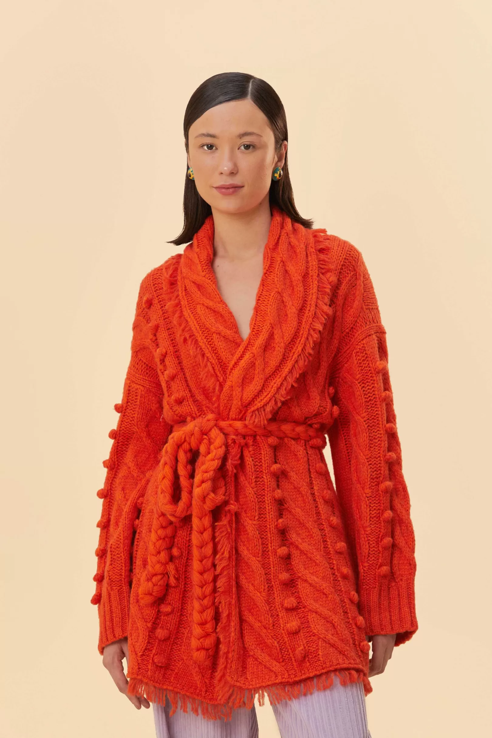 FARM Rio  ORANGE BRAIDED KNIT CARDIGAN Shop