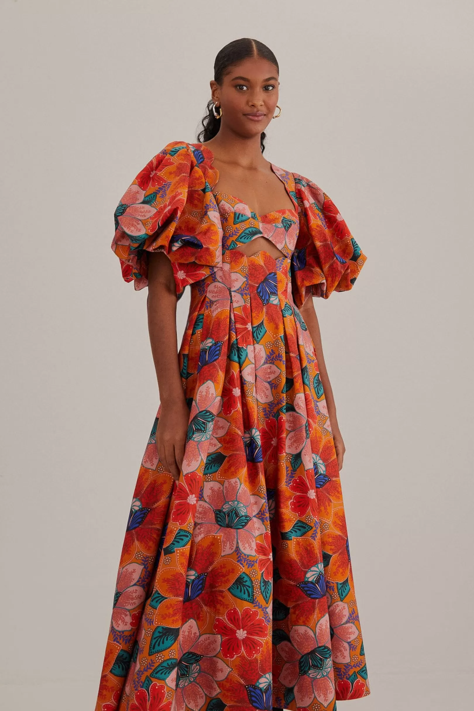 FARM Rio  ORANGE MARIAS FLORAL CUT-OUT MIDI DRESS Sale