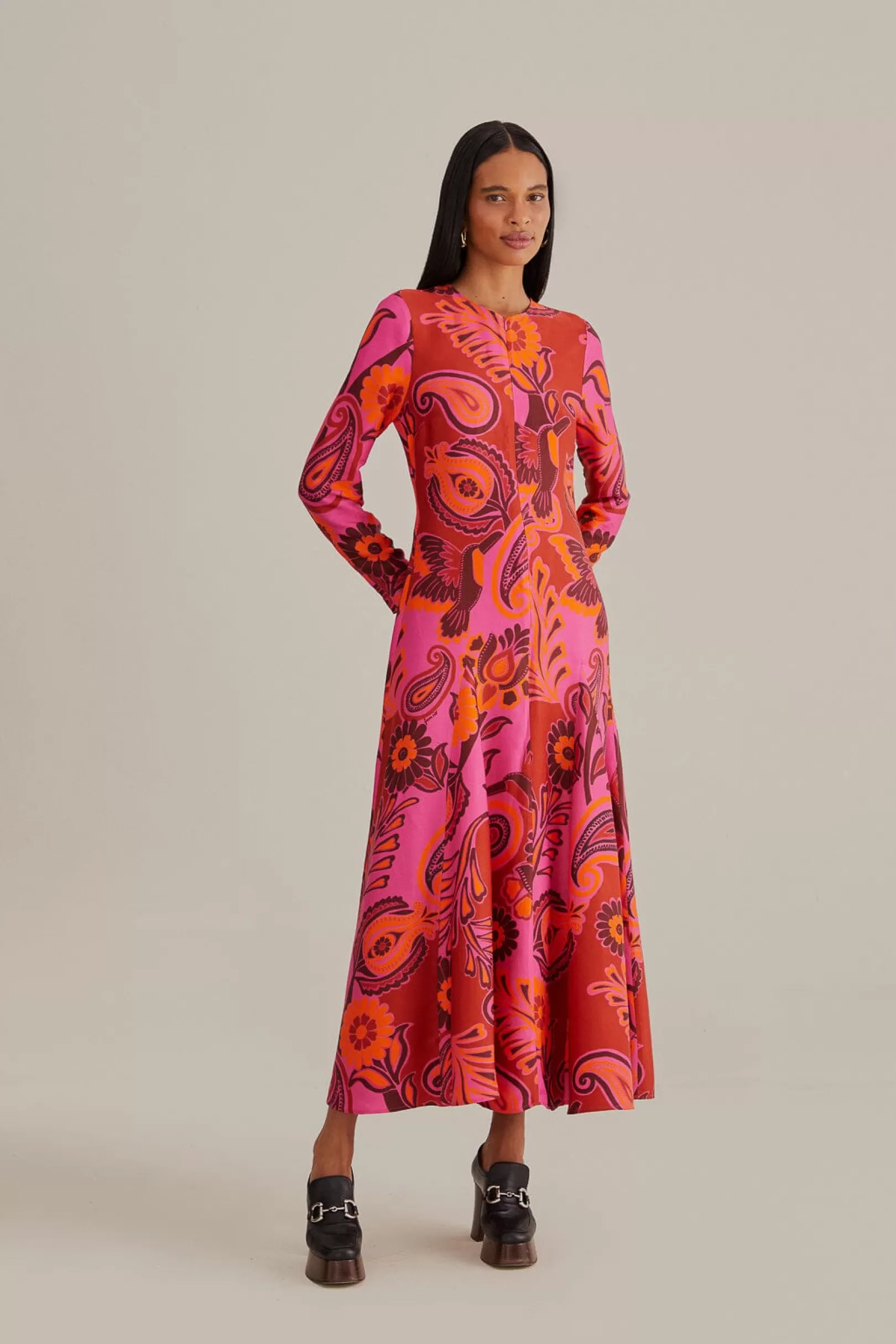 FARM Rio  PINK BOLD FLORAL LONG SLEEVE MAXI DRESS Cheap