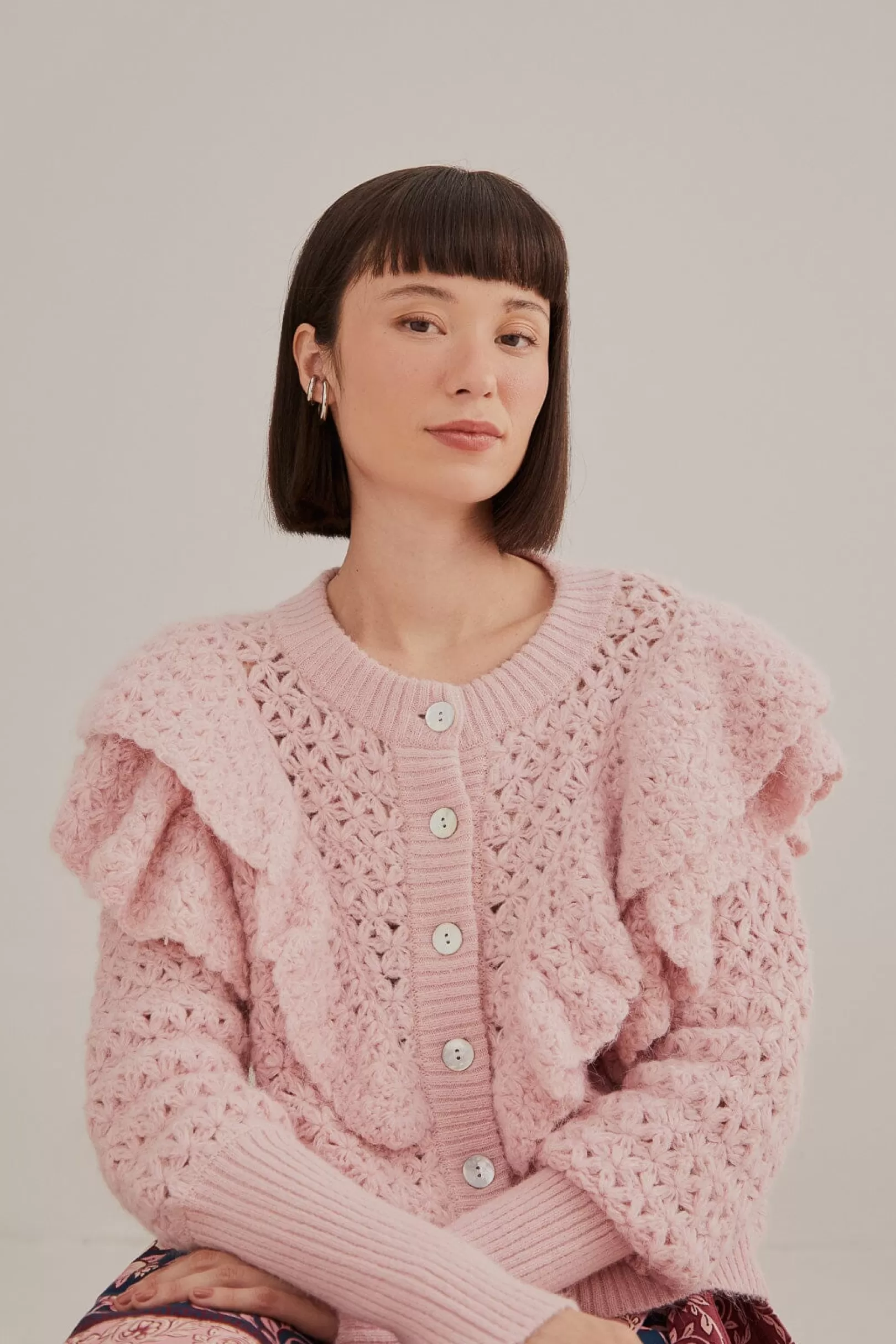 FARM Rio  PINK FLOWER TEXTURE KNIT CARDIGAN Cheap