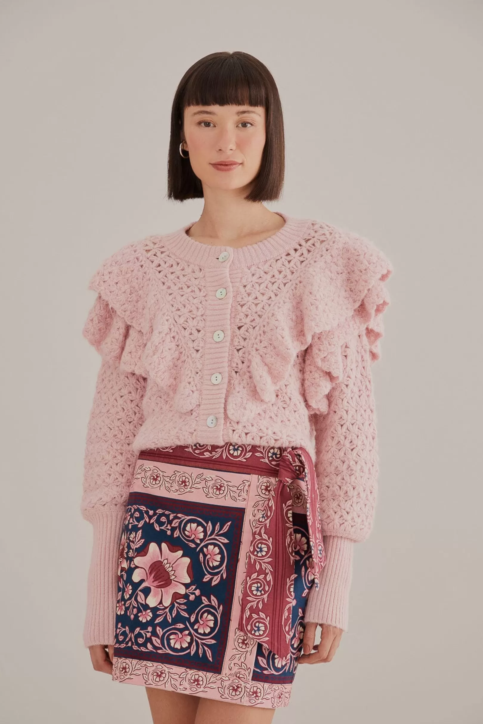 FARM Rio  PINK FLOWER TEXTURE KNIT CARDIGAN Cheap