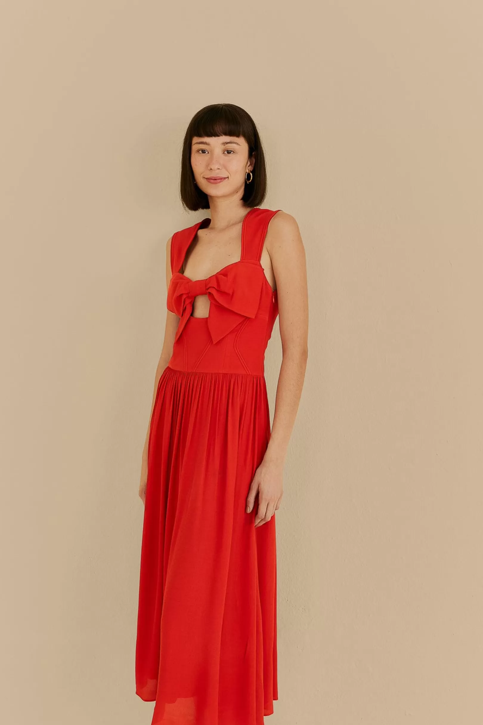 FARM Rio  RED BOW SLEEVELESS MIDI DRESS Cheap