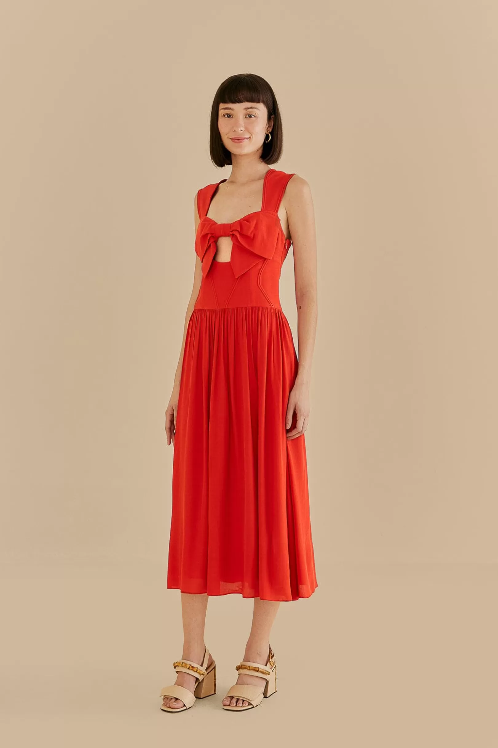 FARM Rio  RED BOW SLEEVELESS MIDI DRESS Cheap