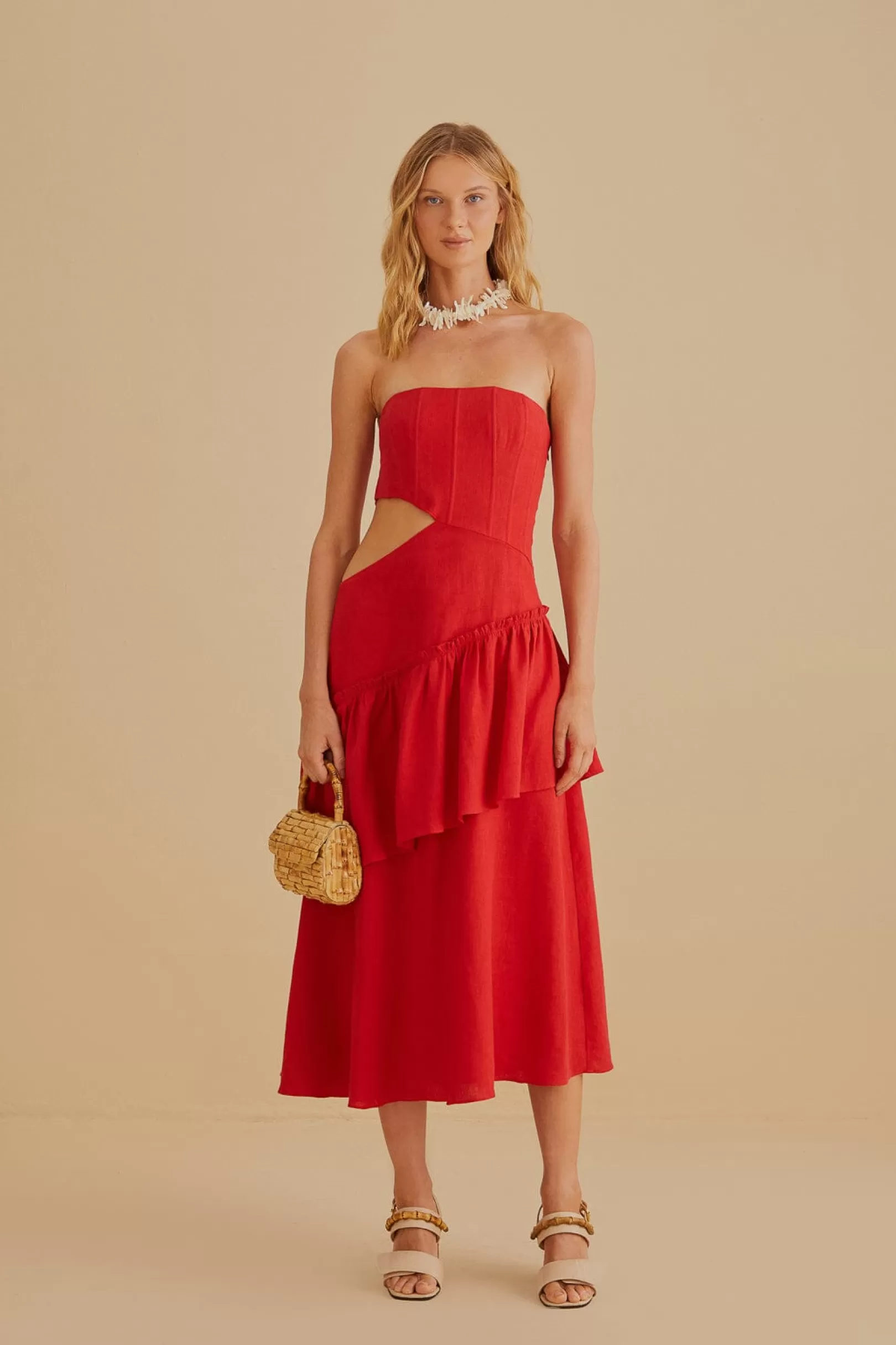 FARM Rio  RED CUT OUT STRAPLESS MIDI DRESS Fashion