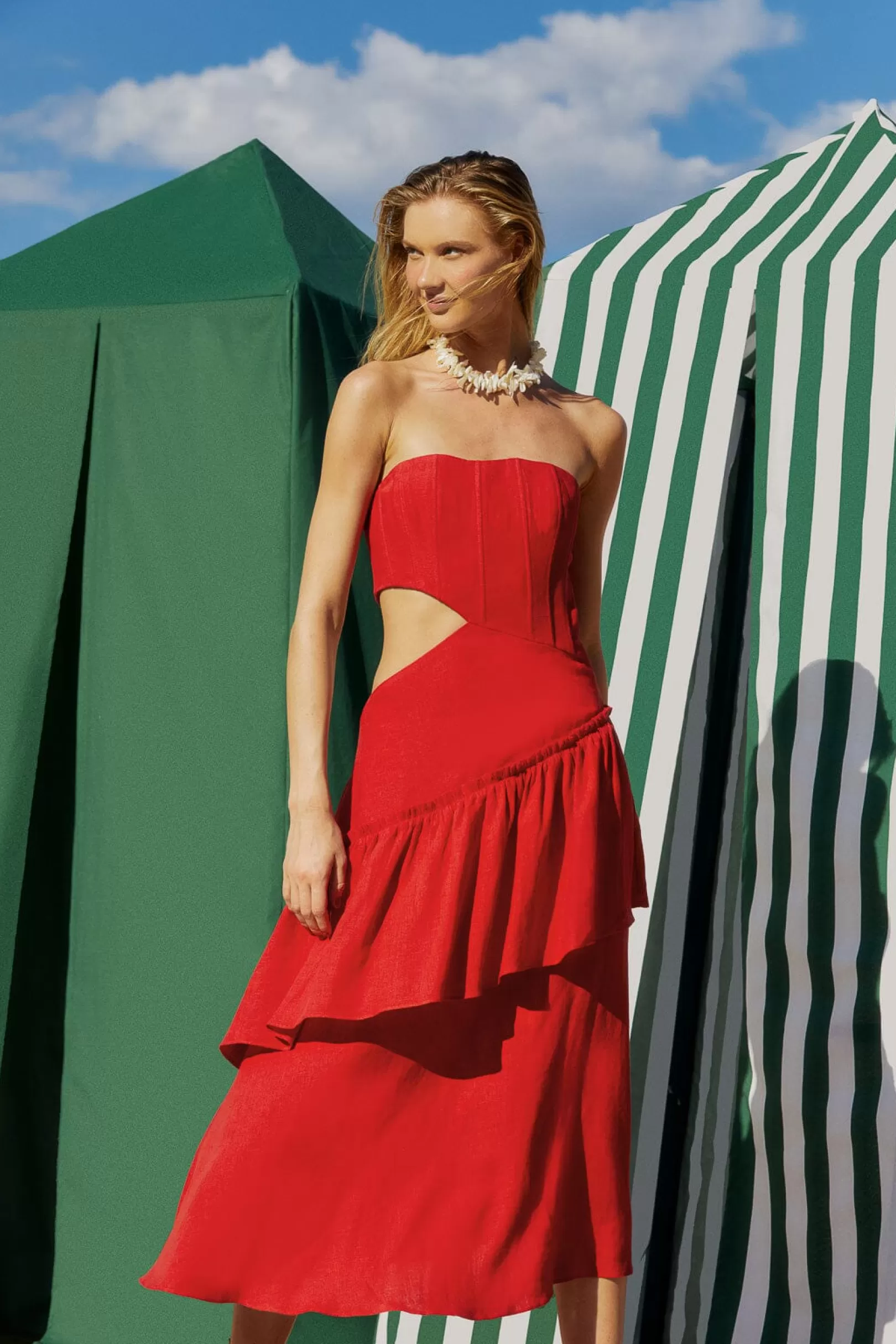 FARM Rio  RED CUT OUT STRAPLESS MIDI DRESS Fashion