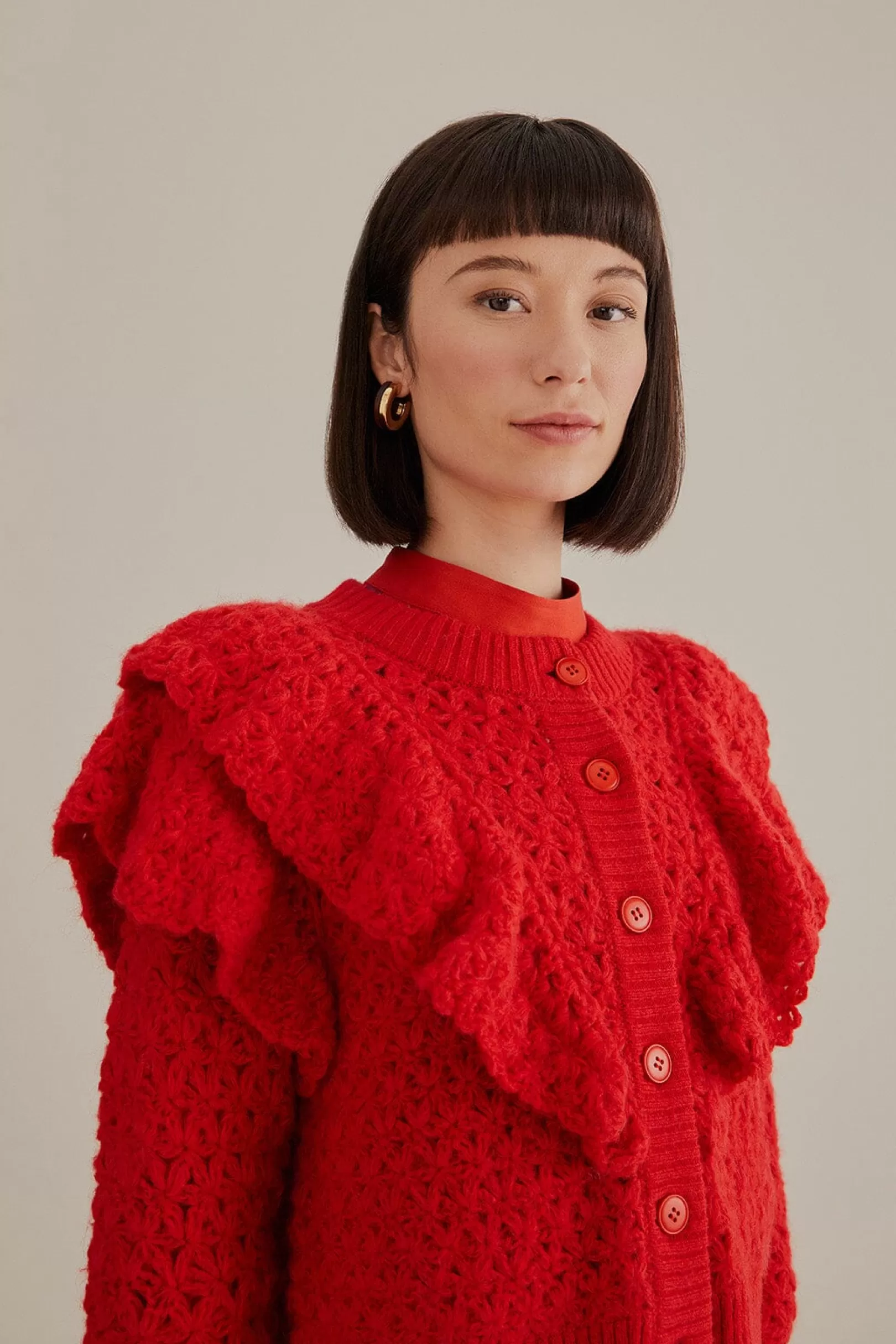 FARM Rio  RED FLOWER TEXTURE KNIT CARDIGAN Store