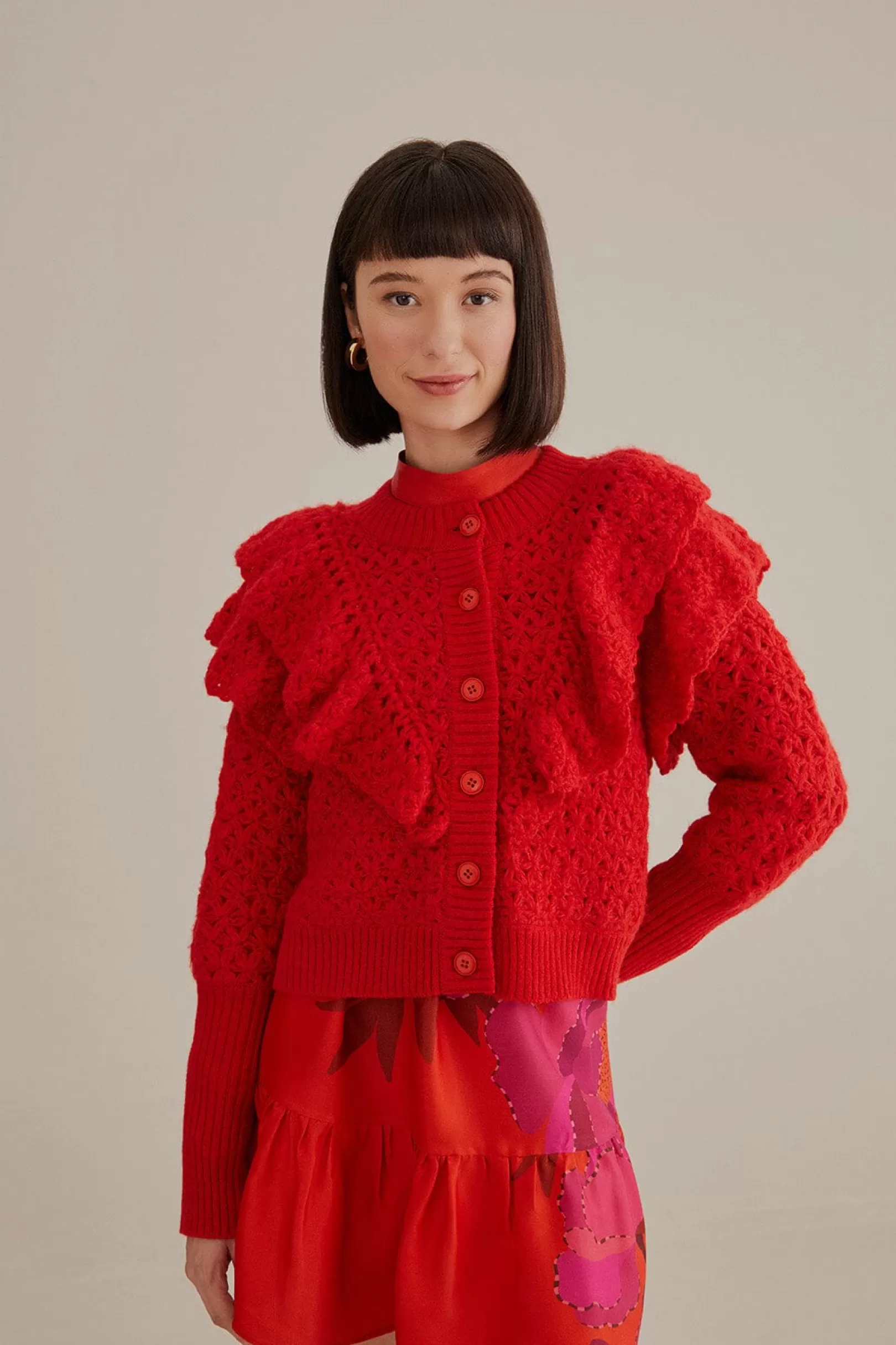 FARM Rio  RED FLOWER TEXTURE KNIT CARDIGAN Store