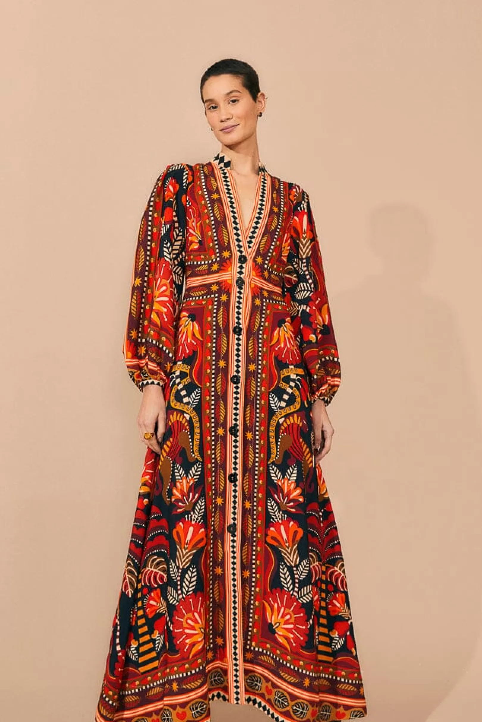 FARM Rio  RED NATURE BEAUTY SCARF LONG SLEEVE MAXI DRESS Online