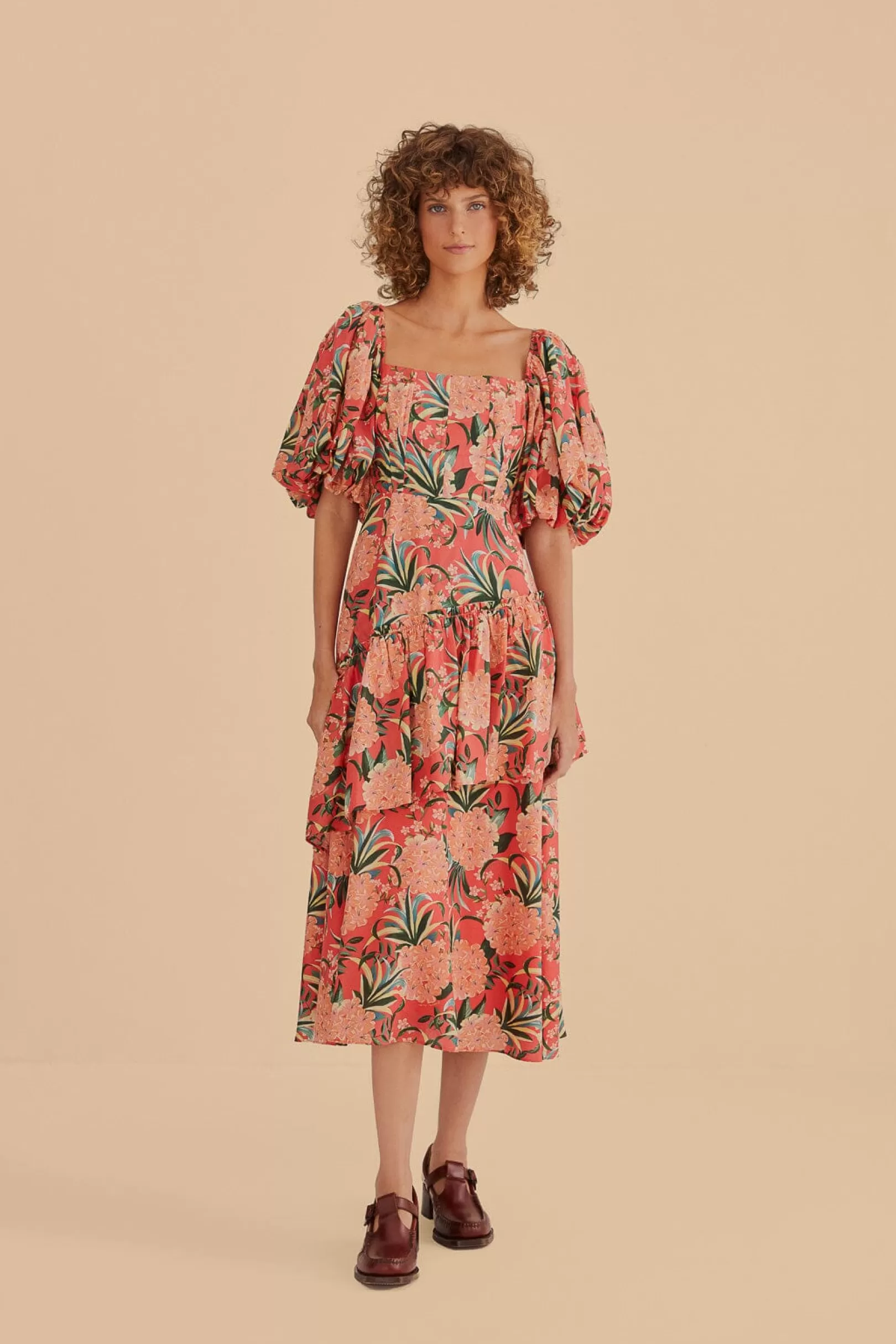 FARM Rio  RED PINEAPPLE BLOOM CUT OUT MIDI DRESS Store