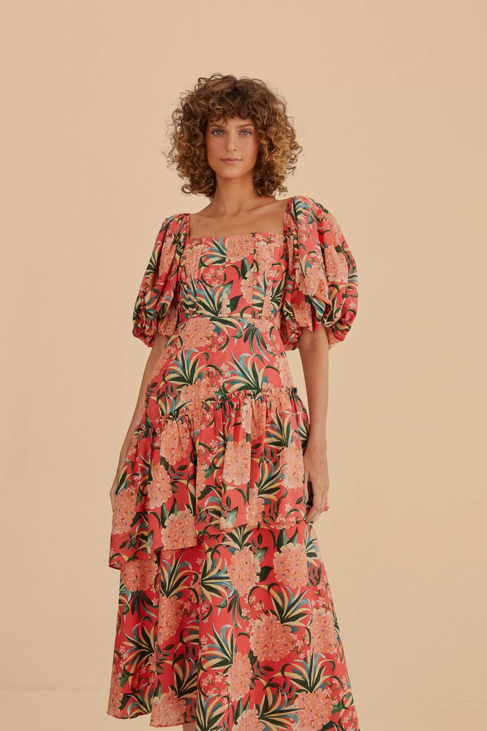 FARM Rio  RED PINEAPPLE BLOOM CUT OUT MIDI DRESS Store