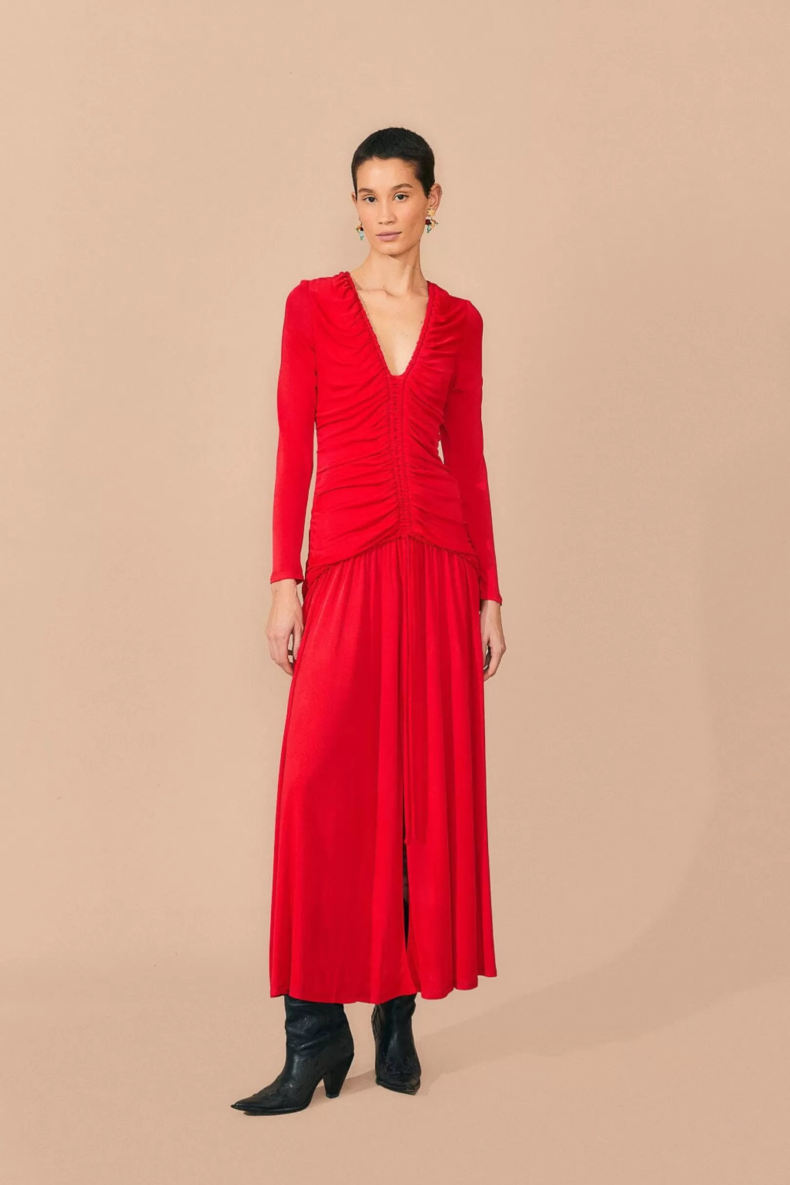 FARM Rio  RED V NECKLINE LONG SLEEVE MIDI DRESS Cheap