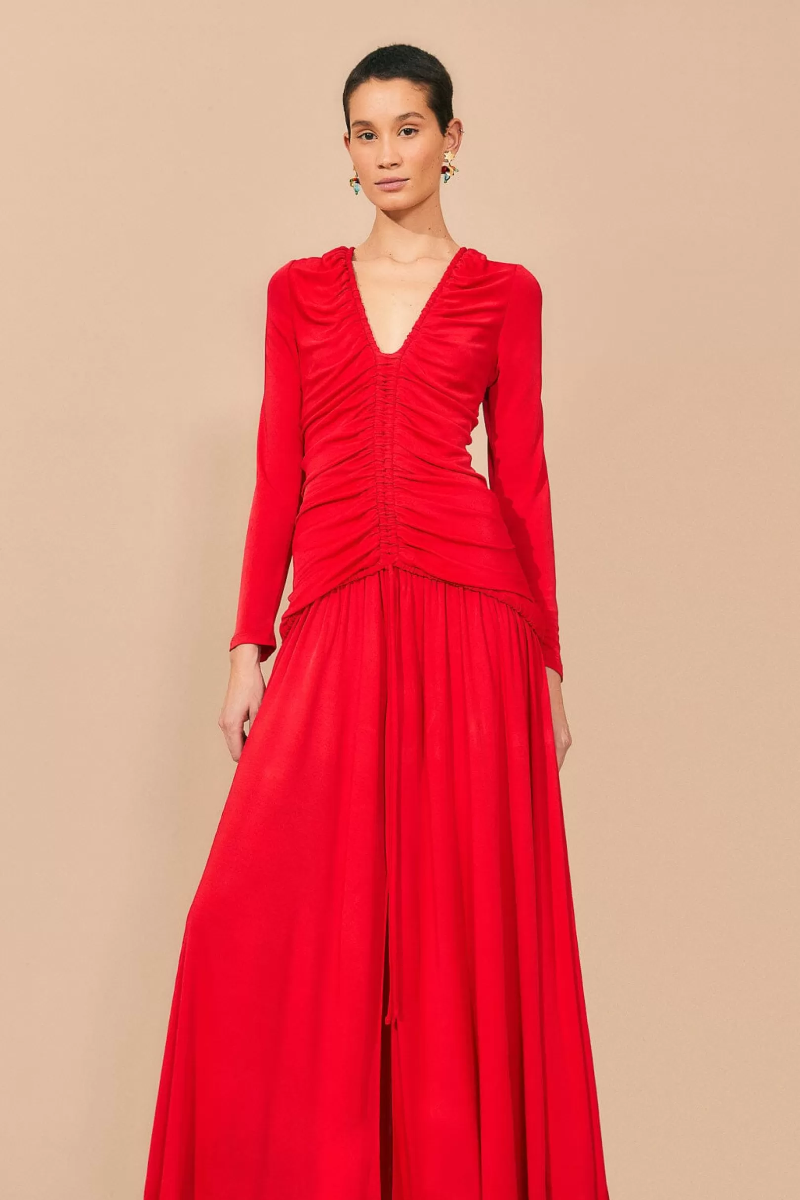 FARM Rio  RED V NECKLINE LONG SLEEVE MIDI DRESS Cheap