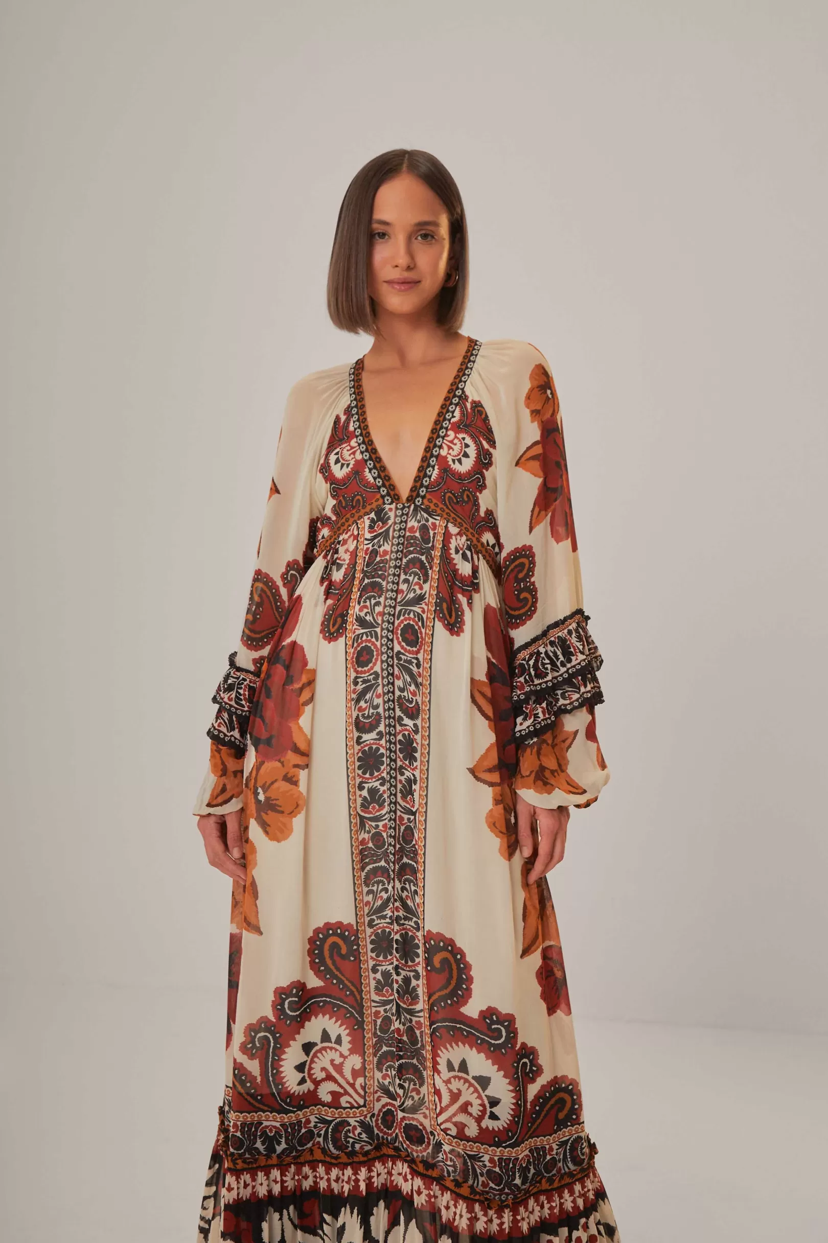 FARM Rio  SAND WINTER TAPESTRY V NECK MAXI DRESS Best Sale