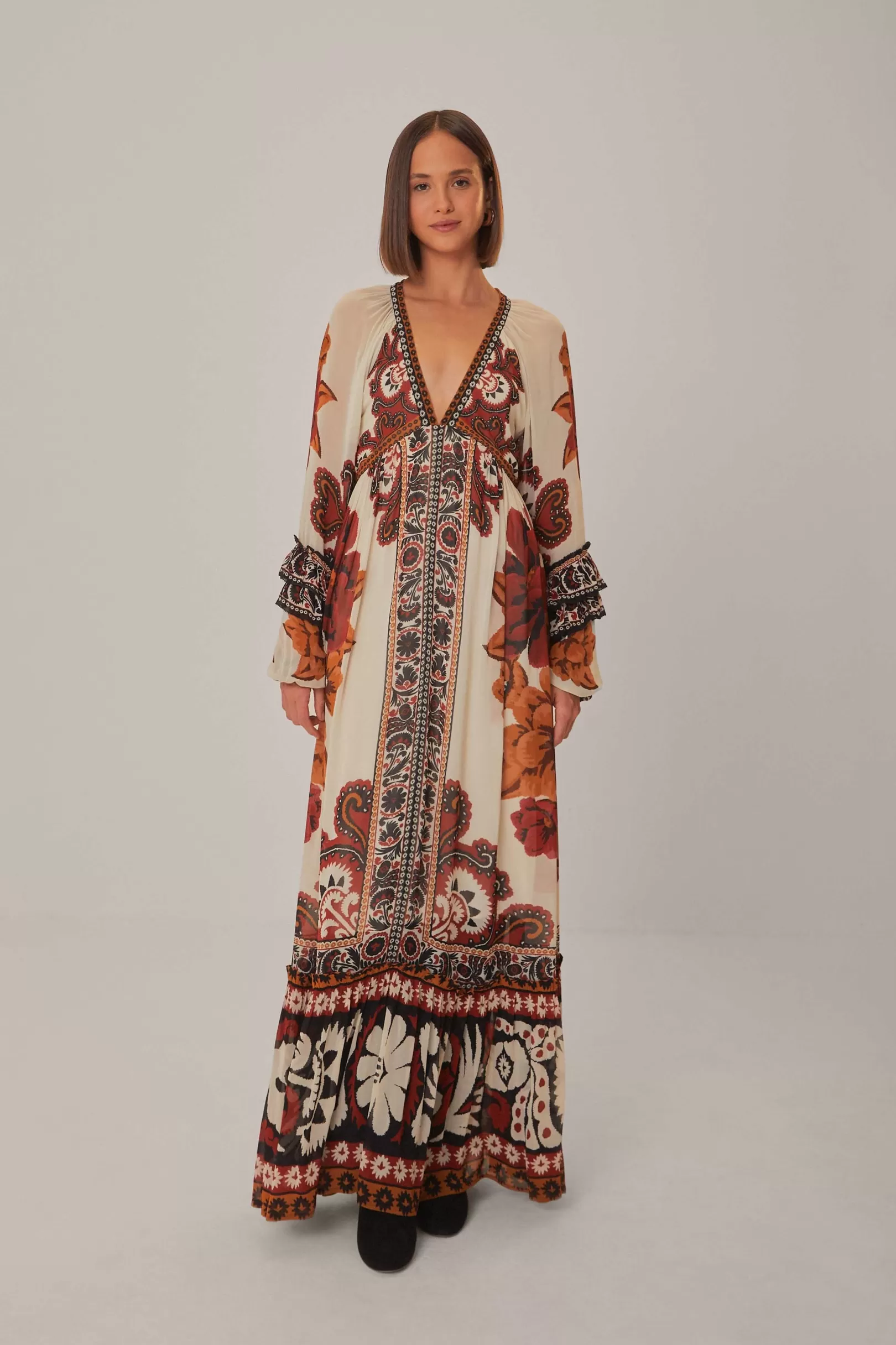 FARM Rio  SAND WINTER TAPESTRY V NECK MAXI DRESS Best Sale