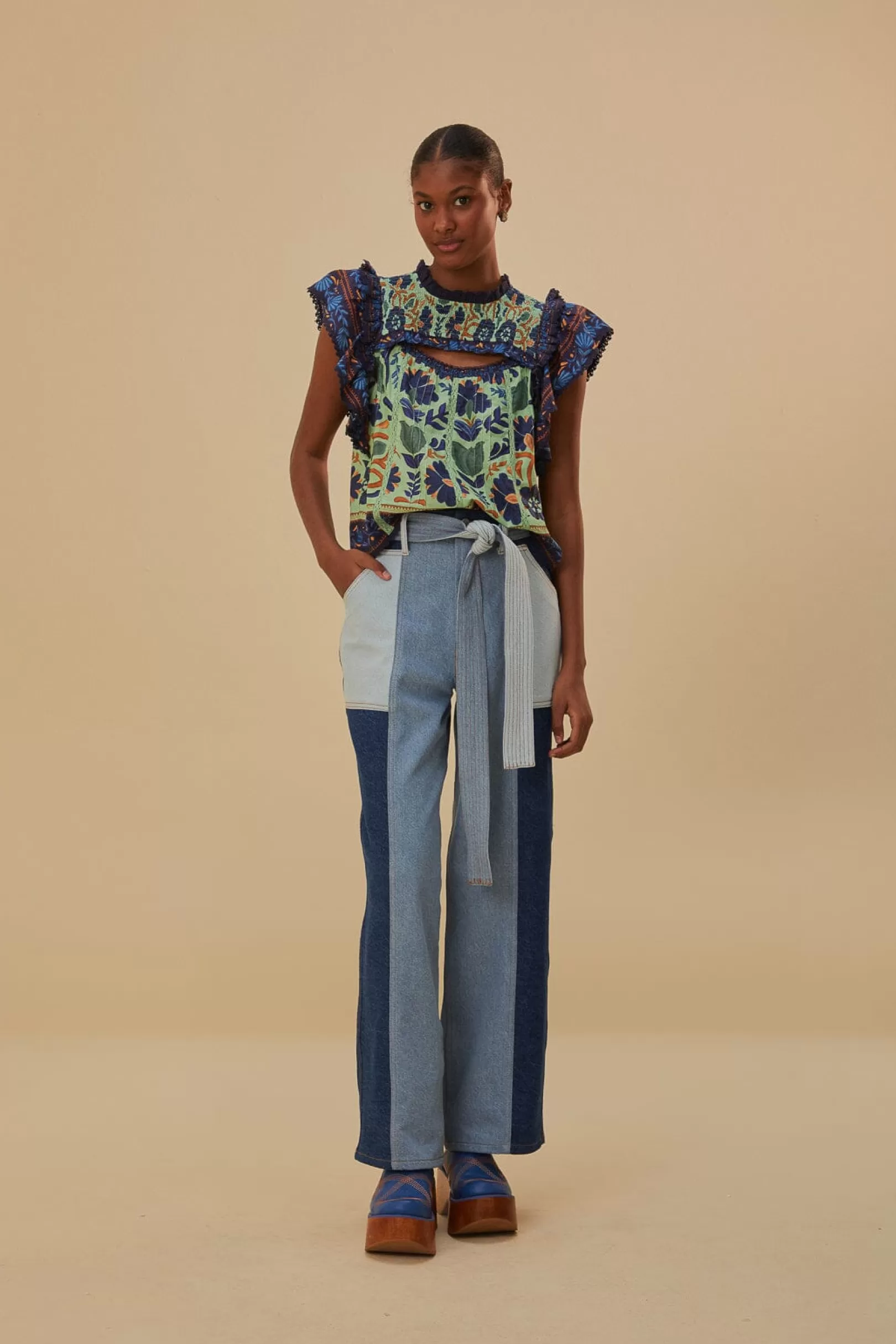 FARM Rio  TIE WAIST PATCH DENIM PANTS Online