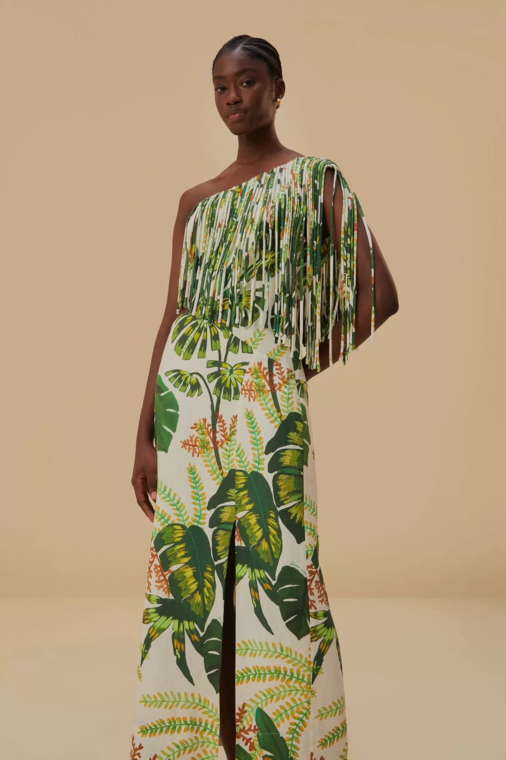 FARM Rio  TROPICAL FOREST OFF-WHITE FRINGED MIDI DRESS Outlet