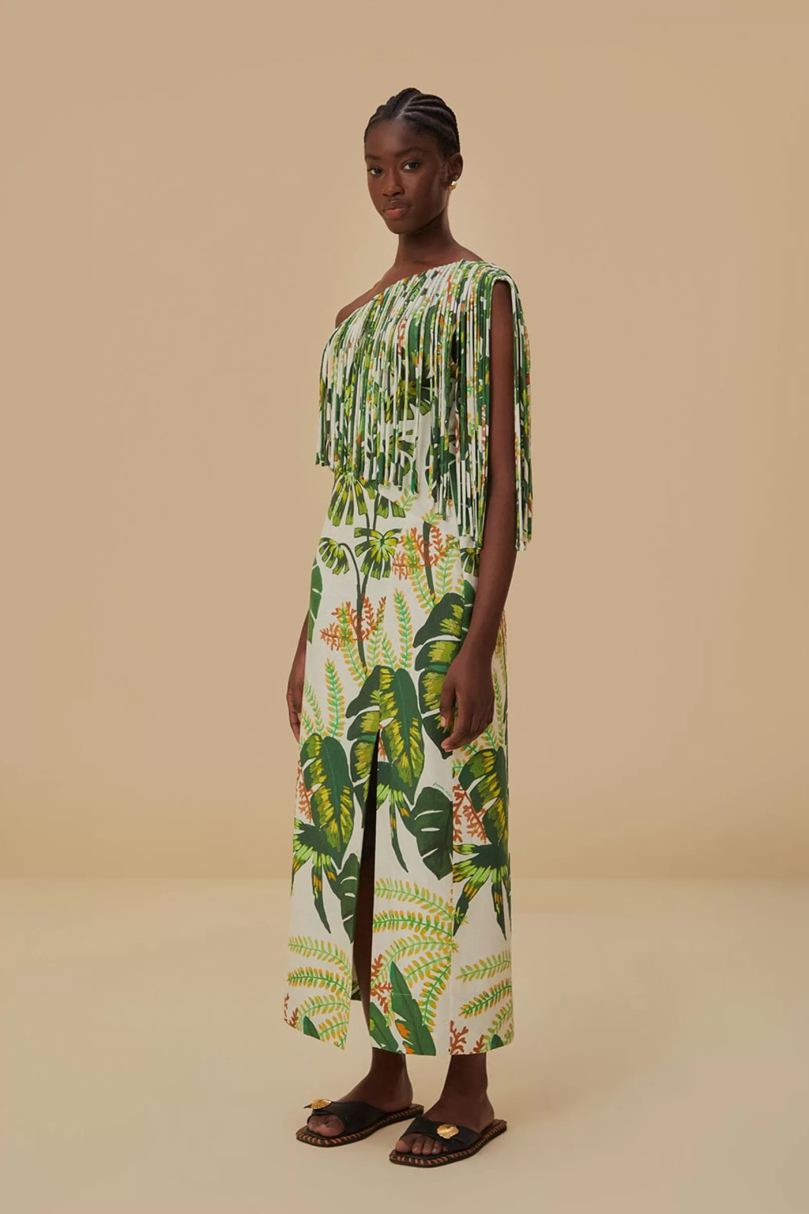 FARM Rio  TROPICAL FOREST OFF-WHITE FRINGED MIDI DRESS Outlet