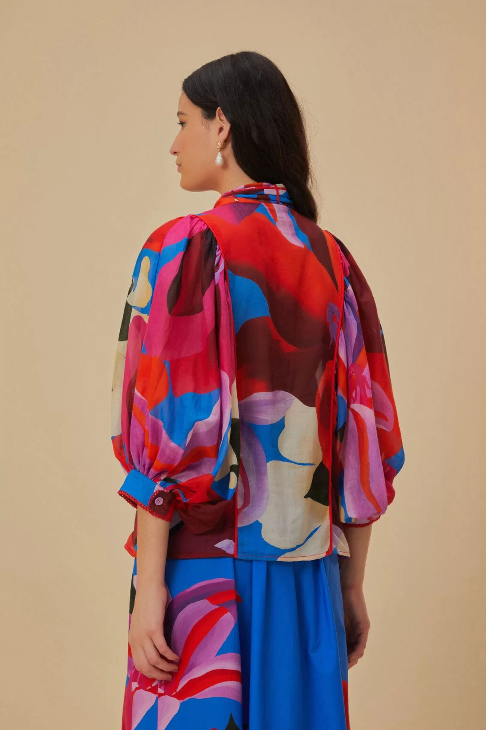 FARM Rio  WATERCOLOR FLORAL BLUE LONG SLEEVE BLOUSE Clearance