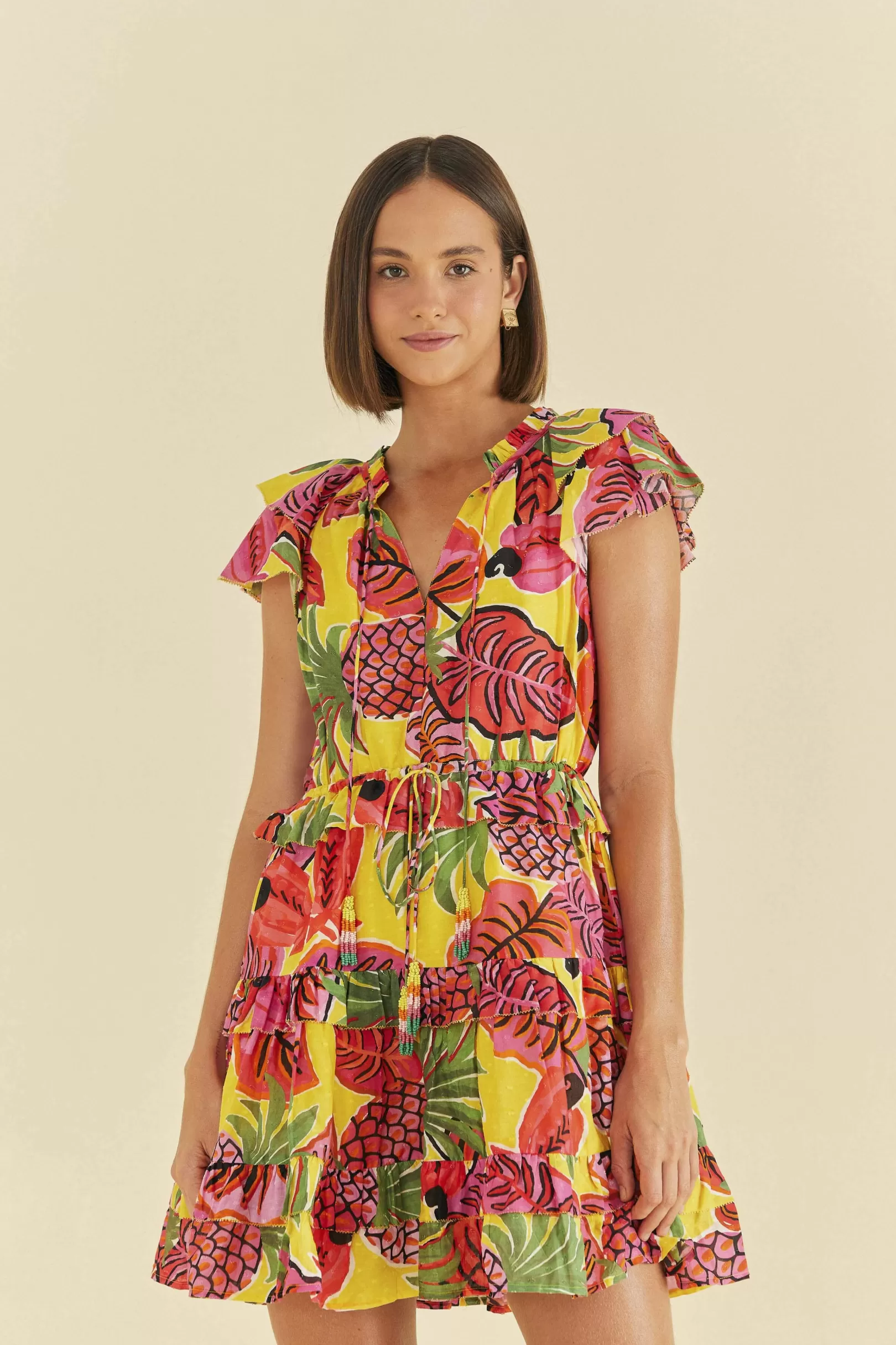 FARM Rio  YELLOW FRUIT DREAM RUFFLE MINI DRESS Store