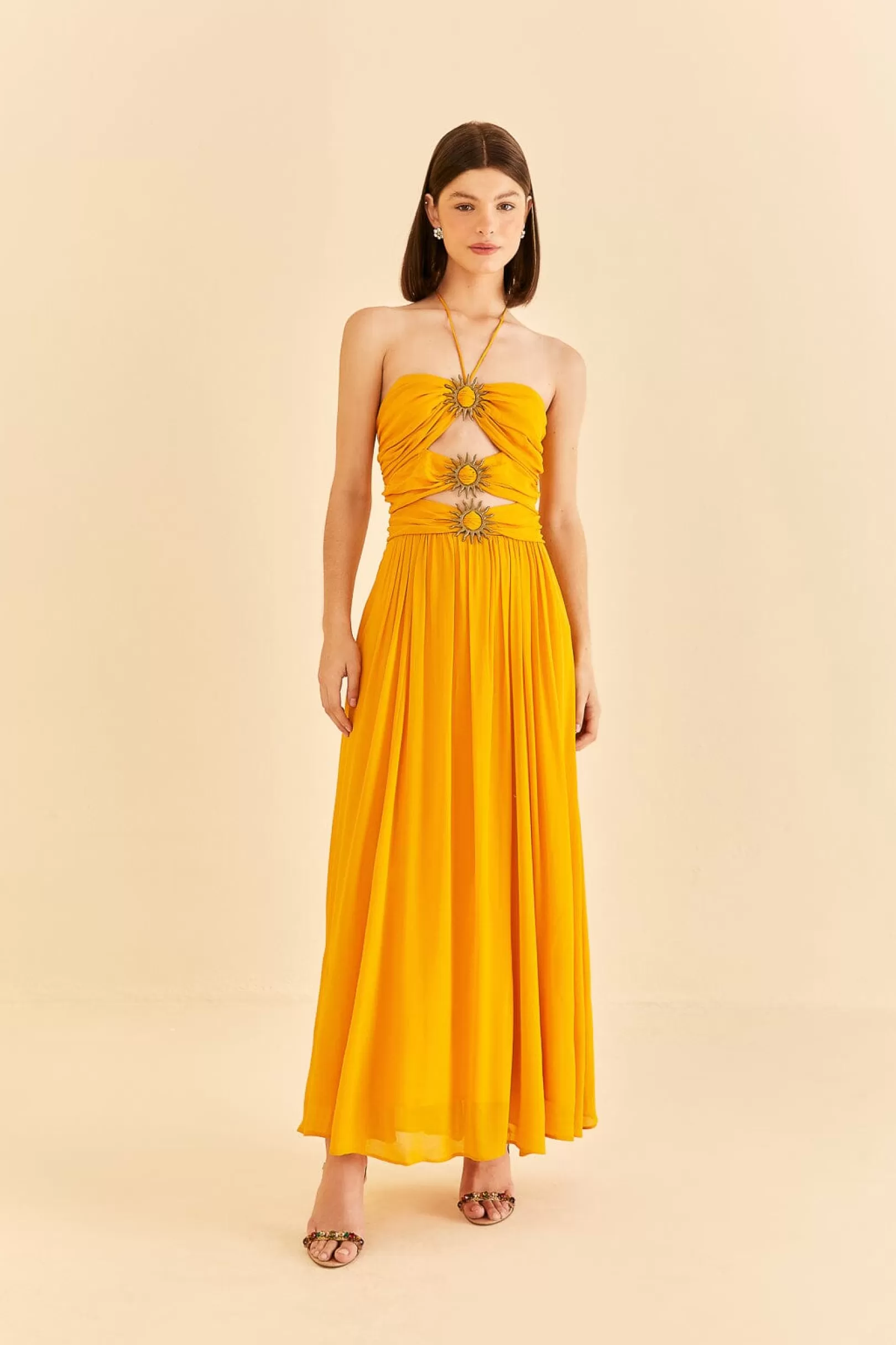 FARM Rio  YELLOW SLEEVELESS MAXI DRESS WITH SUN BUCKLE New